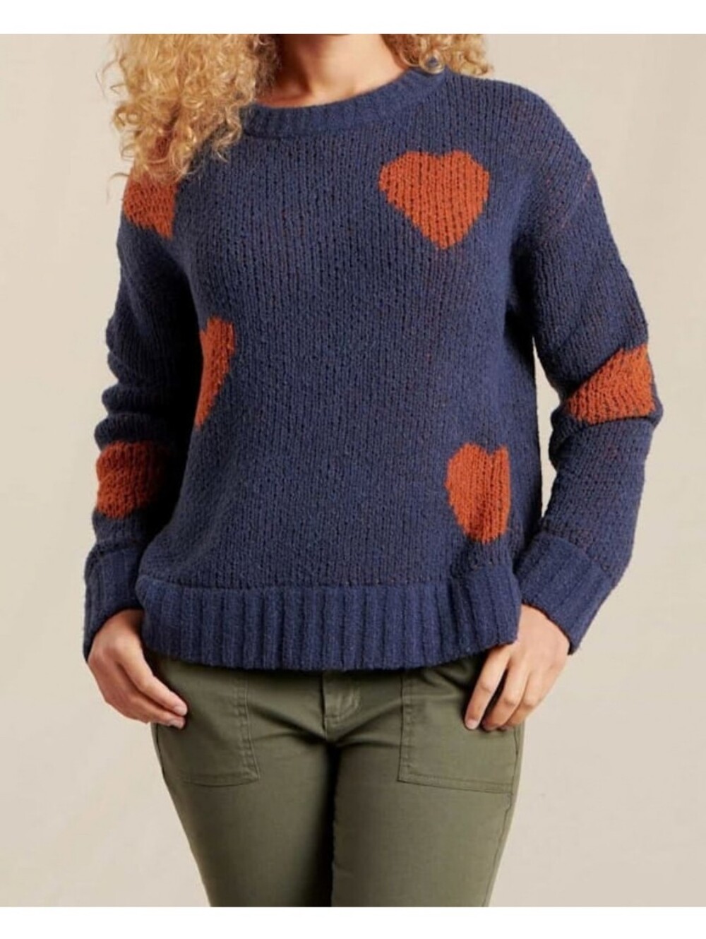 Toad & Co True Navy Orange Heart Cappuccino Boucle Cotati Dolman Sweater MEDIUM